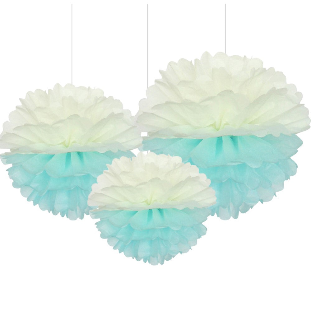 Set 3 pompones bicolor celeste