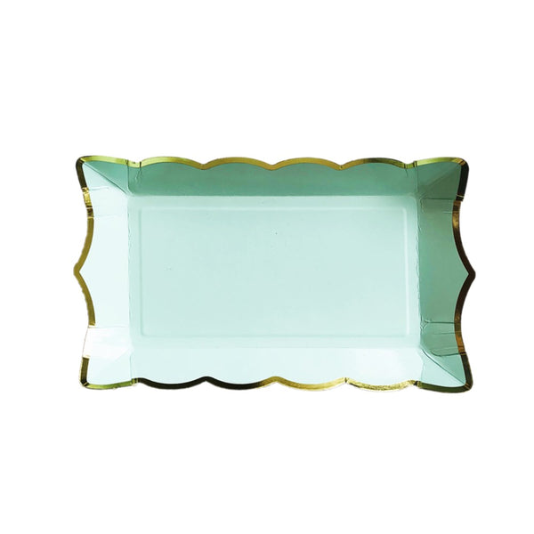 Plato rectangular verde agua con borde dorado