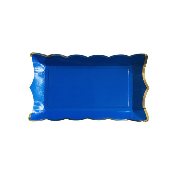 Plato rectangular azul con borde dorado