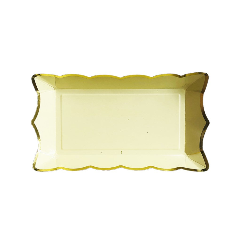 Plato rectangular amarillo con borde dorado