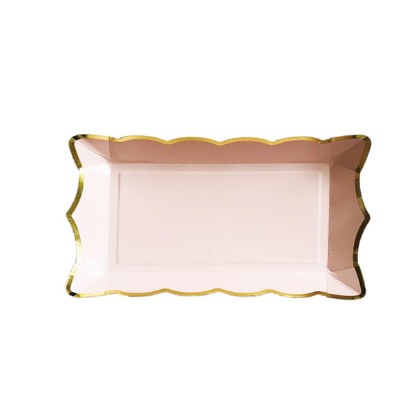 Plato rectangular rosado con borde dorado